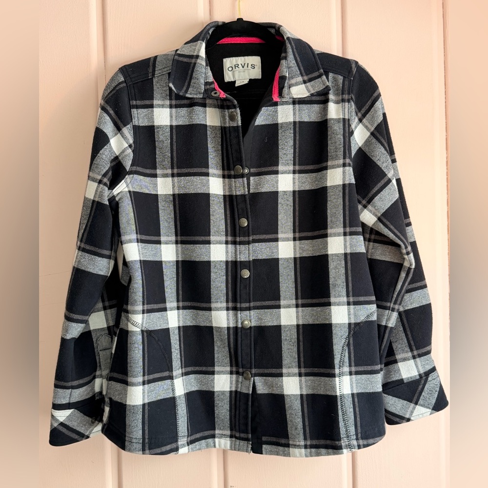 Orvis 100% Cotton Black and White Plaid womens Jacket with snap buttons szLarge